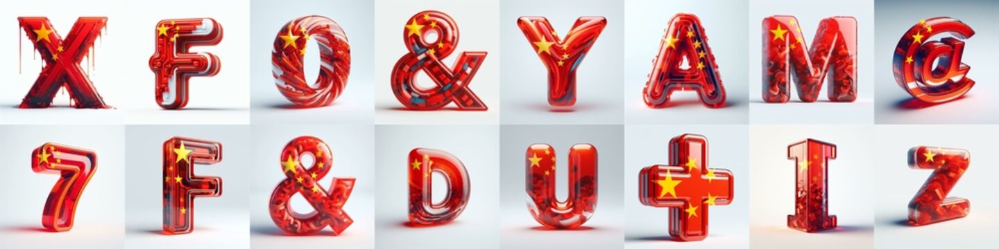 Glass letters shape in colors China flag 3D Lettering Typeface. AI generated illustration