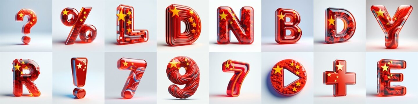 Glass letters shape in colors China flag 3D Lettering Typeface. AI generated illustration