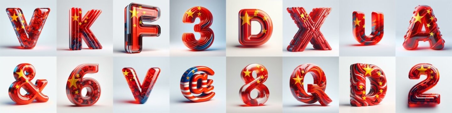 Glass letters shape in colors China flag 3D Lettering Typeface. AI generated illustration