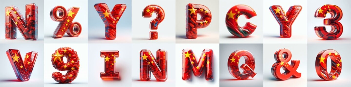 Glass letters shape in colors China flag 3D Lettering Typeface. AI generated illustration