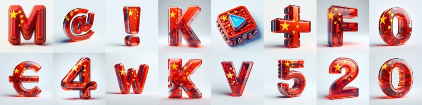 Glass letters shape in colors China flag 3D Lettering Typeface. AI generated illustration