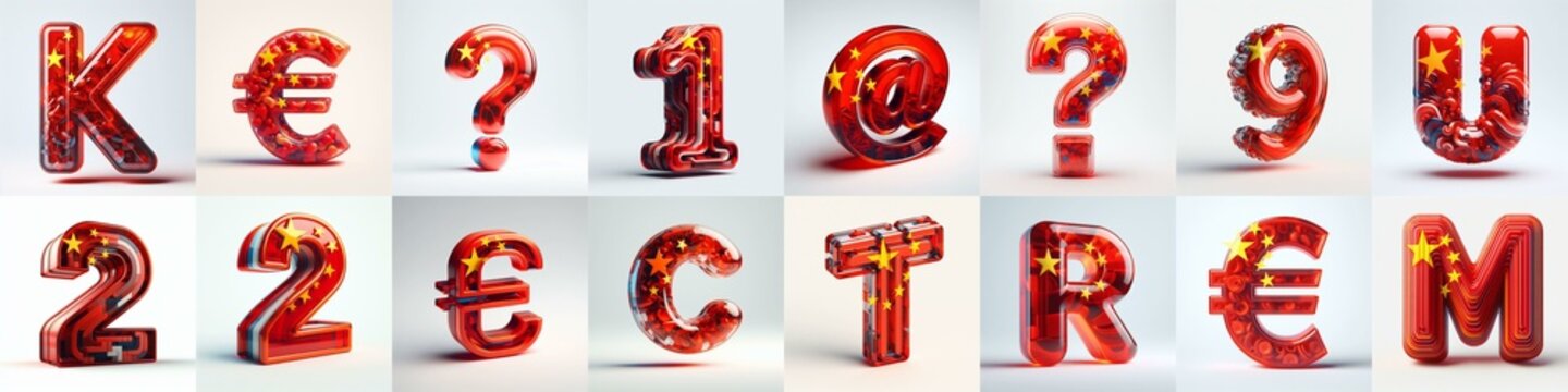 Glass letters shape in colors China flag 3D Lettering Typeface. AI generated illustration