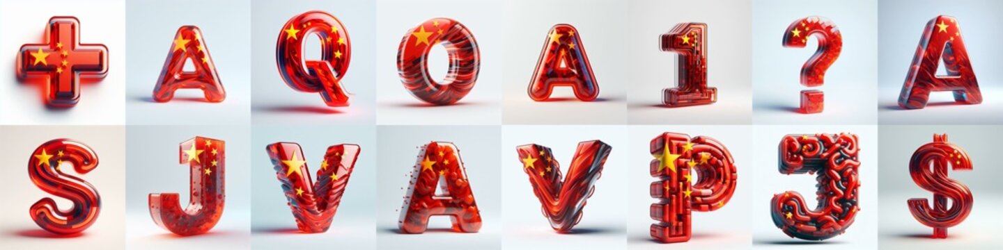 Glass letters shape in colors China flag 3D Lettering Typeface. AI generated illustration