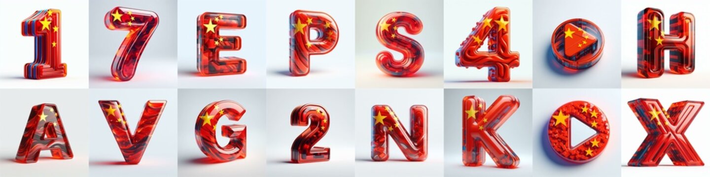 Glass letters shape in colors China flag 3D Lettering Typeface. AI generated illustration