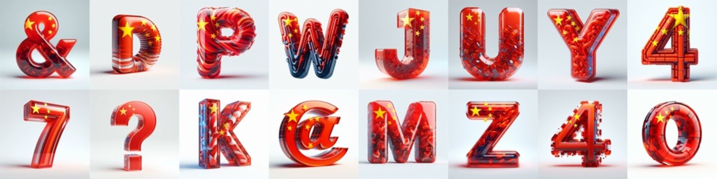Glass letters shape in colors China flag 3D Lettering Typeface. AI generated illustration