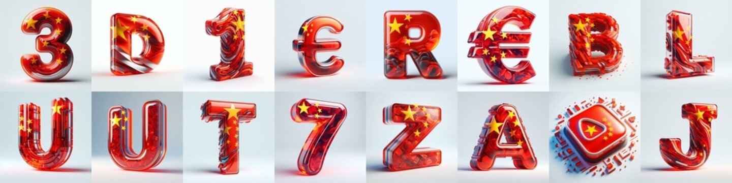 Glass letters shape in colors China flag 3D Lettering Typeface. AI generated illustration