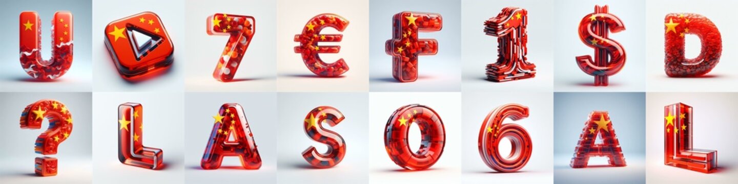 Glass letters shape in colors China flag 3D Lettering Typeface. AI generated illustration