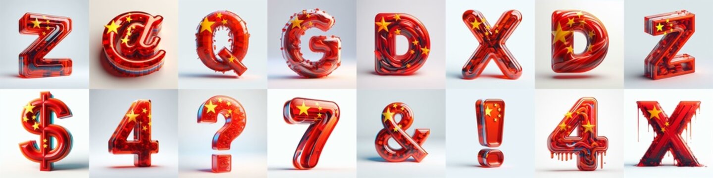 Glass letters shape in colors China flag 3D Lettering Typeface. AI generated illustration