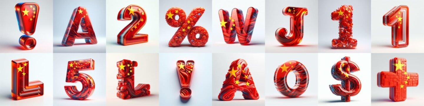 Glass letters shape in colors China flag 3D Lettering Typeface. AI generated illustration