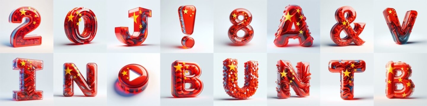 Glass letters shape in colors China flag 3D Lettering Typeface. AI generated illustration