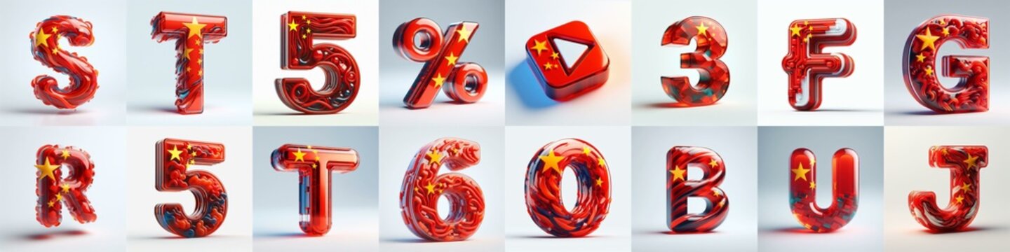 Glass letters shape in colors China flag 3D Lettering Typeface. AI generated illustration