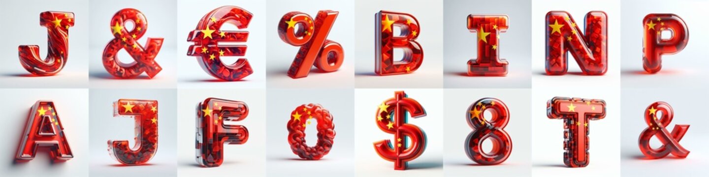 Glass letters shape in colors China flag 3D Lettering Typeface. AI generated illustration