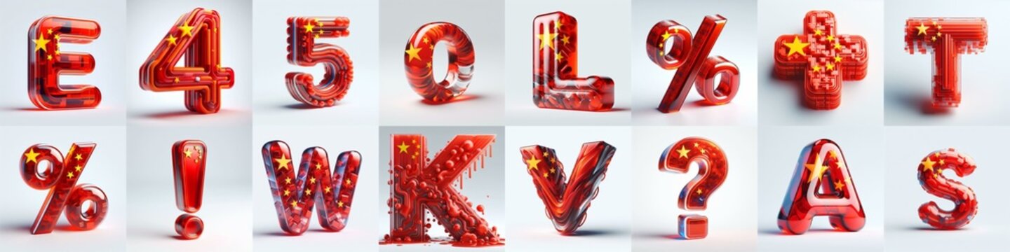 Glass letters shape in colors China flag 3D Lettering Typeface. AI generated illustration