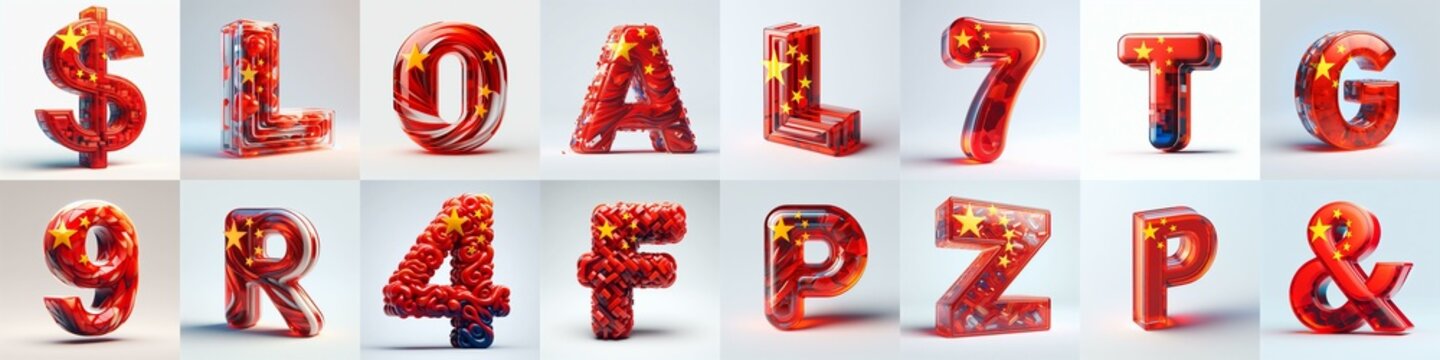 Glass letters shape in colors China flag 3D Lettering Typeface. AI generated illustration