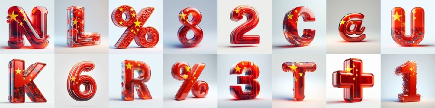 Glass letters shape in colors China flag 3D Lettering Typeface. AI generated illustration