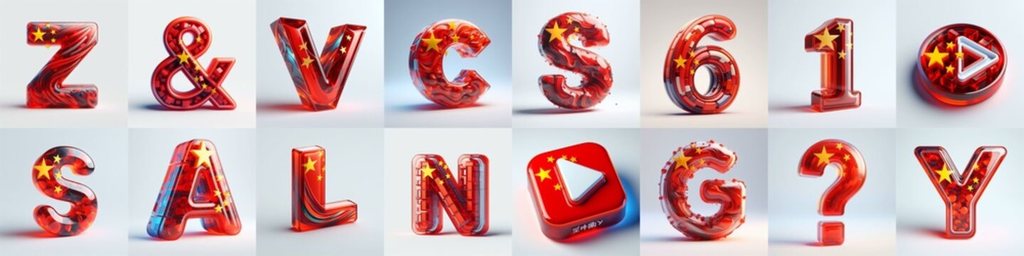 Glass letters shape in colors China flag 3D Lettering Typeface. AI generated illustration