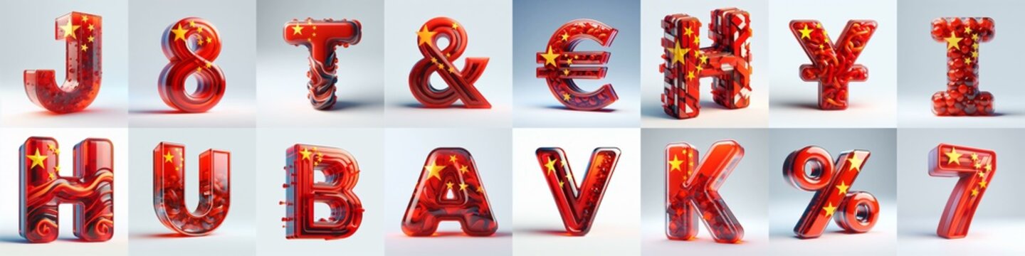 Glass letters shape in colors China flag 3D Lettering Typeface. AI generated illustration