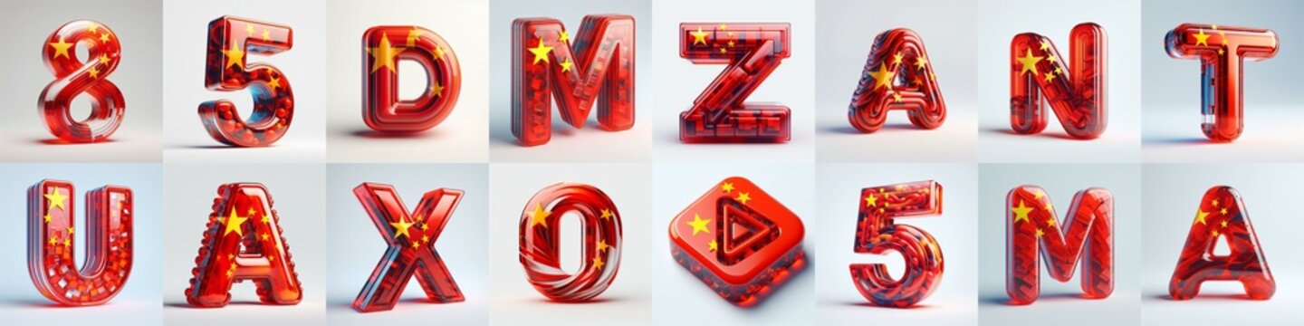 Glass letters shape in colors China flag 3D Lettering Typeface. AI generated illustration