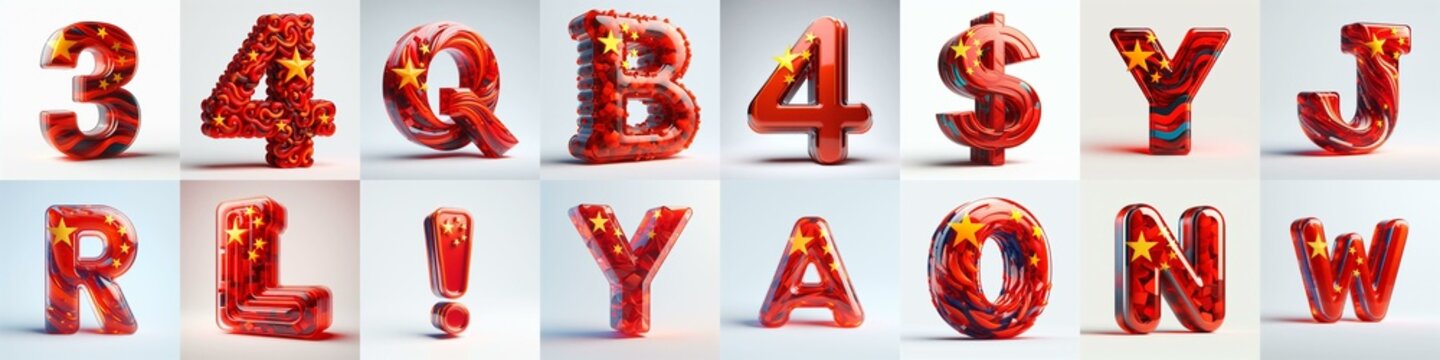 Glass letters shape in colors China flag 3D Lettering Typeface. AI generated illustration