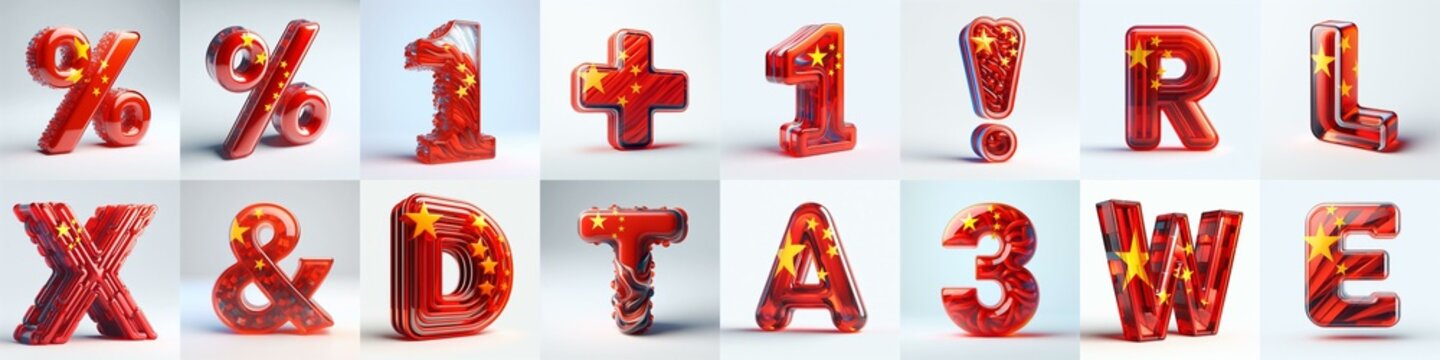 Glass letters shape in colors China flag 3D Lettering Typeface. AI generated illustration