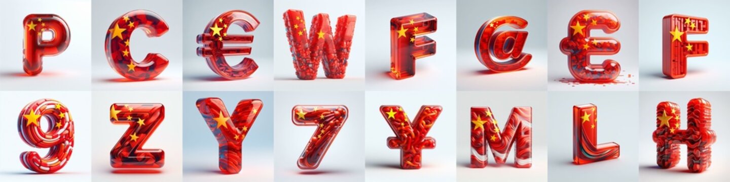 Glass letters shape in colors China flag 3D Lettering Typeface. AI generated illustration