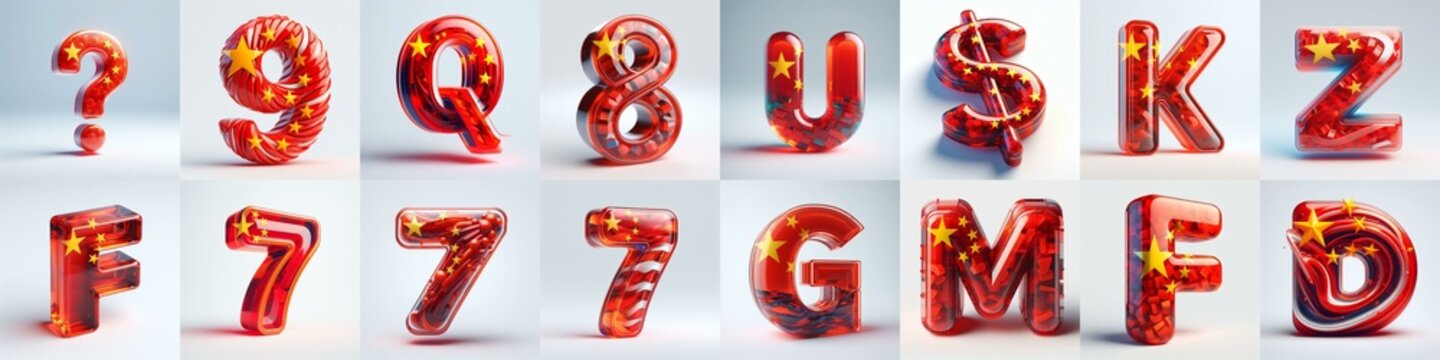 Glass letters shape in colors China flag 3D Lettering Typeface. AI generated illustration