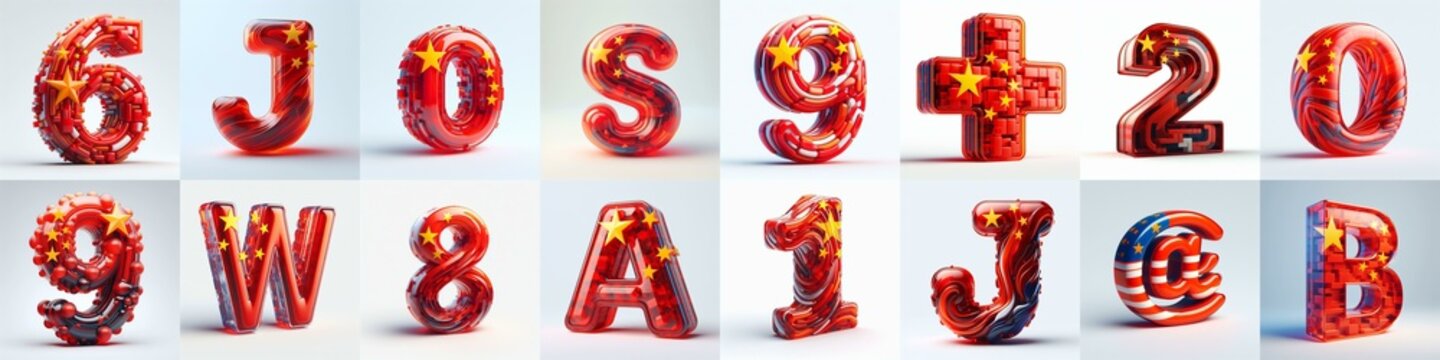 Glass letters shape in colors China flag 3D Lettering Typeface. AI generated illustration