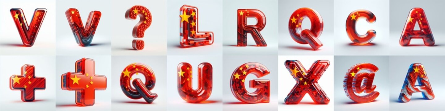 Glass letters shape in colors China flag 3D Lettering Typeface. AI generated illustration