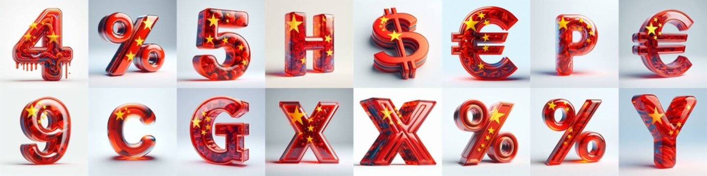Glass letters shape in colors China flag 3D Lettering Typeface. AI generated illustration