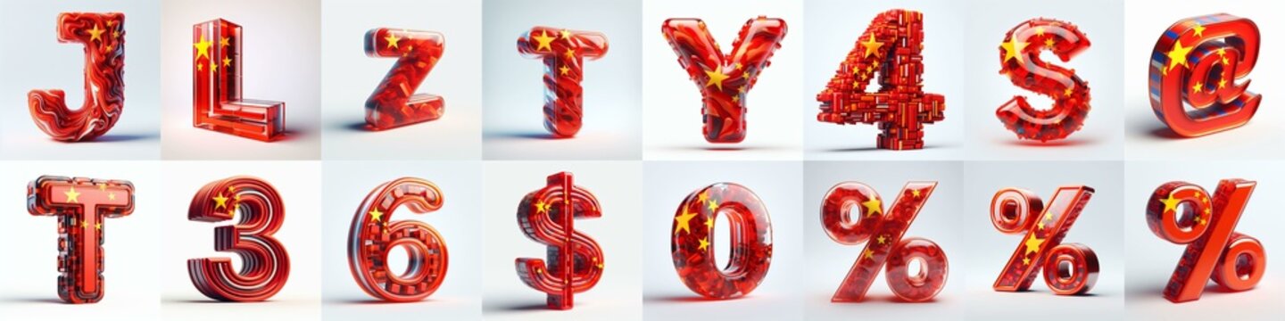 Glass letters shape in colors China flag 3D Lettering Typeface. AI generated illustration