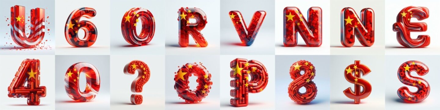 Glass letters shape in colors China flag 3D Lettering Typeface. AI generated illustration