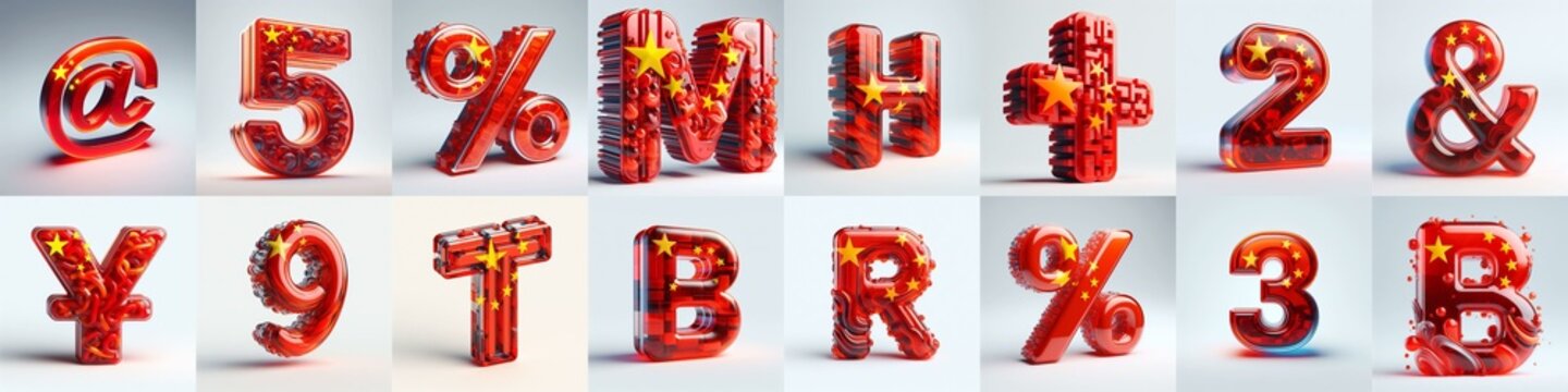 Glass letters shape in colors China flag 3D Lettering Typeface. AI generated illustration