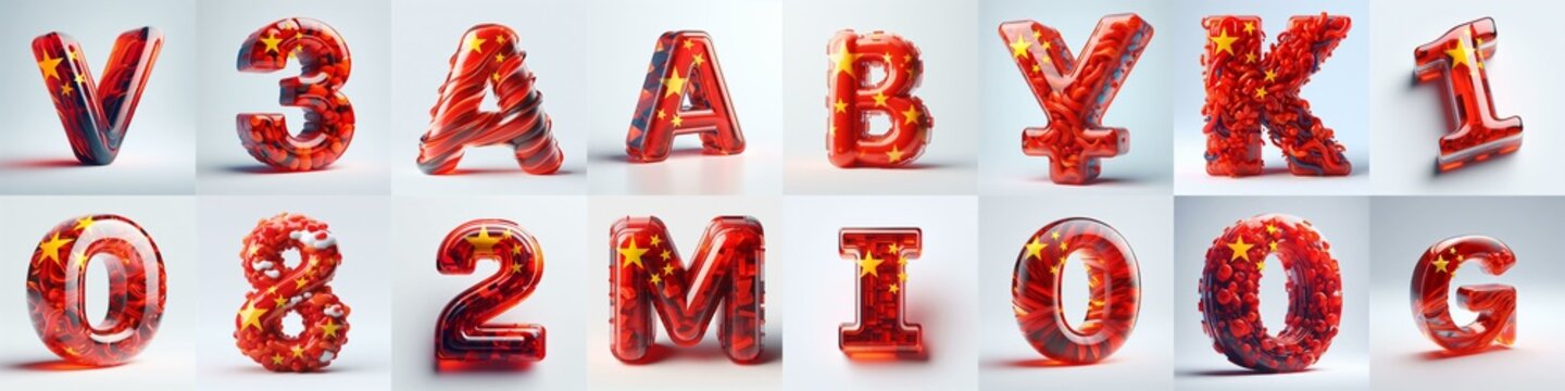 Glass letters shape in colors China flag 3D Lettering Typeface. AI generated illustration