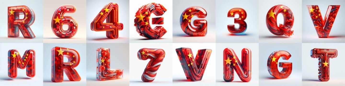 Glass letters shape in colors China flag 3D Lettering Typeface. AI generated illustration
