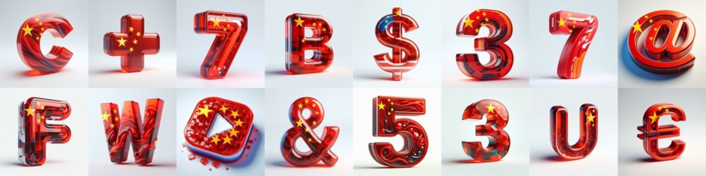 Glass letters shape in colors China flag 3D Lettering Typeface. AI generated illustration