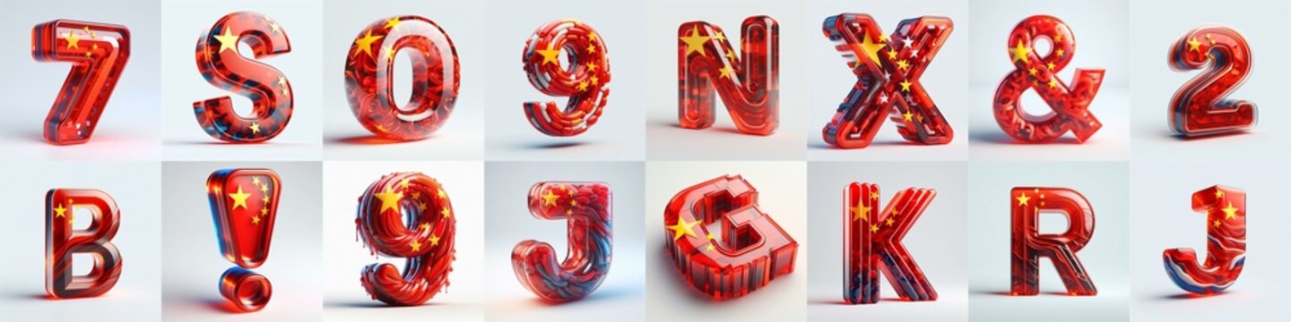 Glass letters shape in colors China flag 3D Lettering Typeface. AI generated illustration