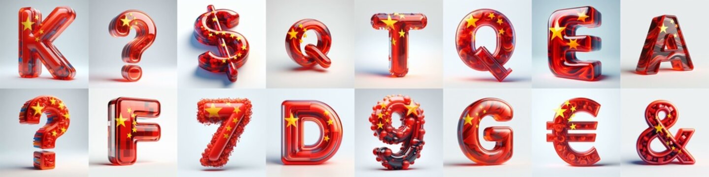 Glass letters shape in colors China flag 3D Lettering Typeface. AI generated illustration