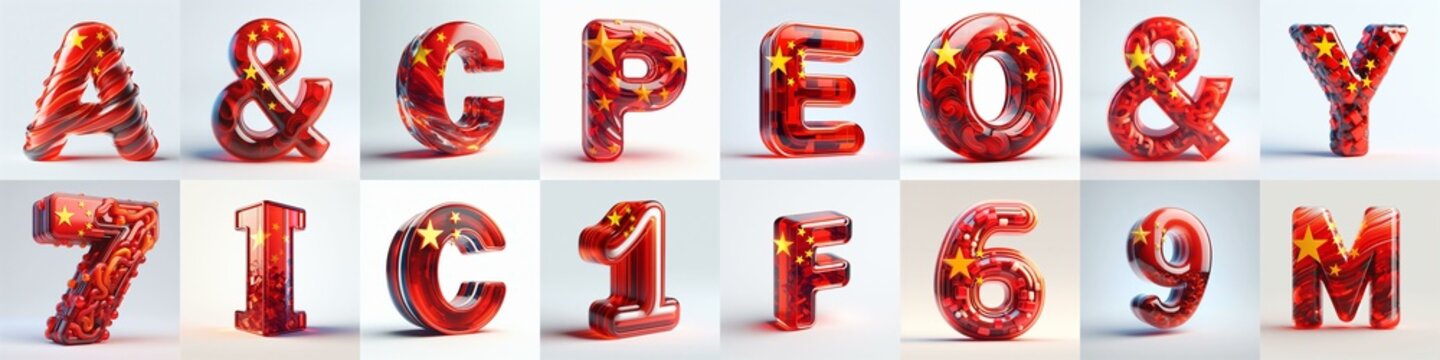 Glass letters shape in colors China flag 3D Lettering Typeface. AI generated illustration