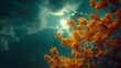 the sun shines brightly through the clouds in the sky above a flowering tree in the foreground is a cloud filled sky.