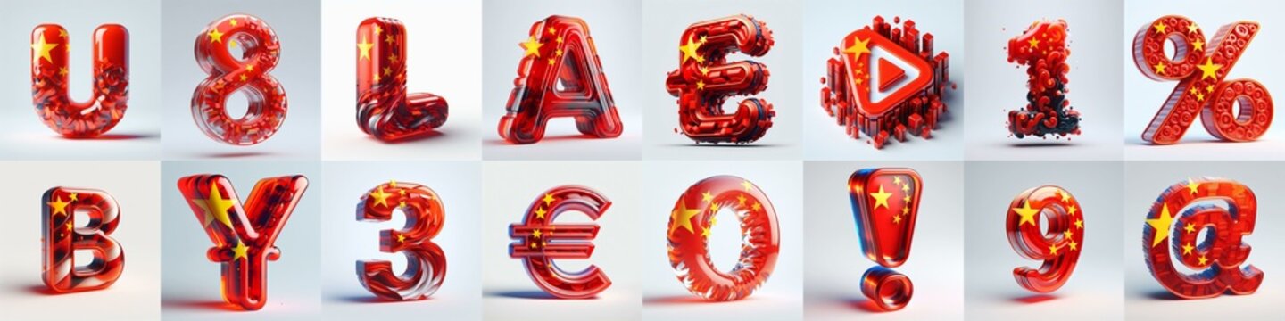 Glass letters shape in colors China flag 3D Lettering Typeface. AI generated illustration