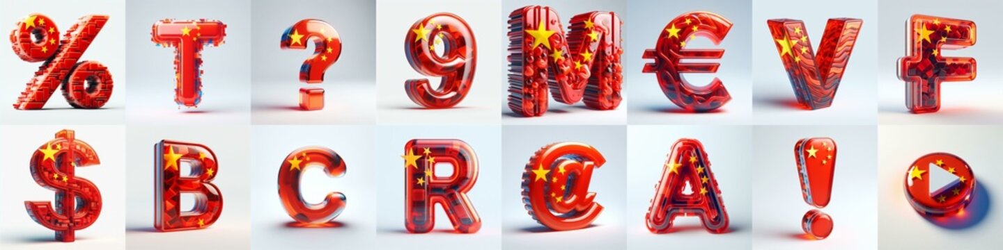 Glass letters shape in colors China flag 3D Lettering Typeface. AI generated illustration