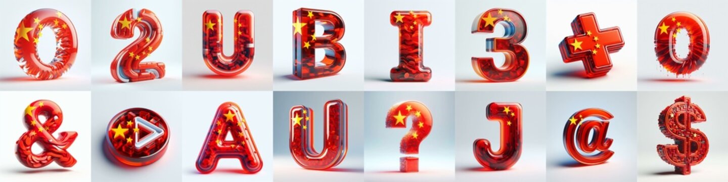Glass letters shape in colors China flag 3D Lettering Typeface. AI generated illustration