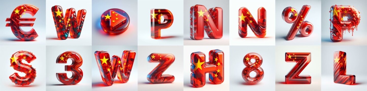Glass letters shape in colors China flag 3D Lettering Typeface. AI generated illustration