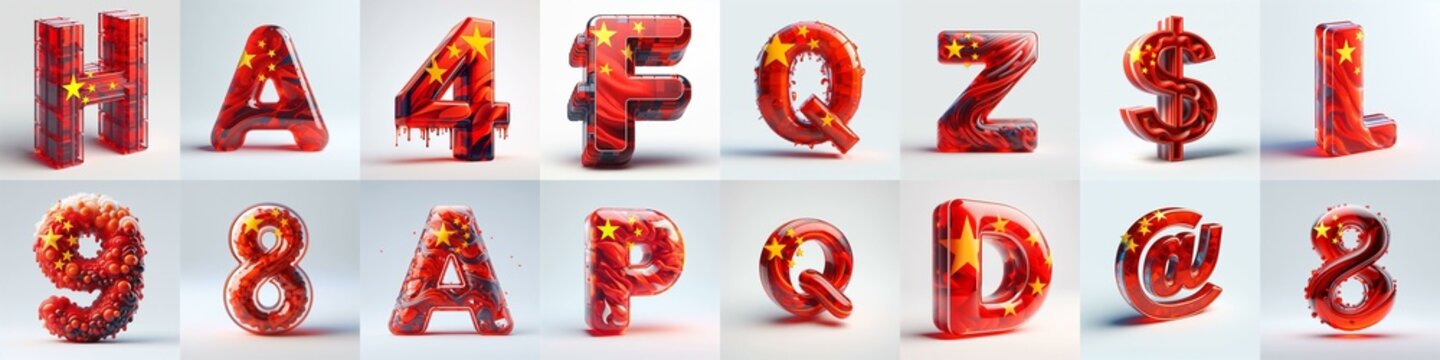 Glass letters shape in colors China flag 3D Lettering Typeface. AI generated illustration