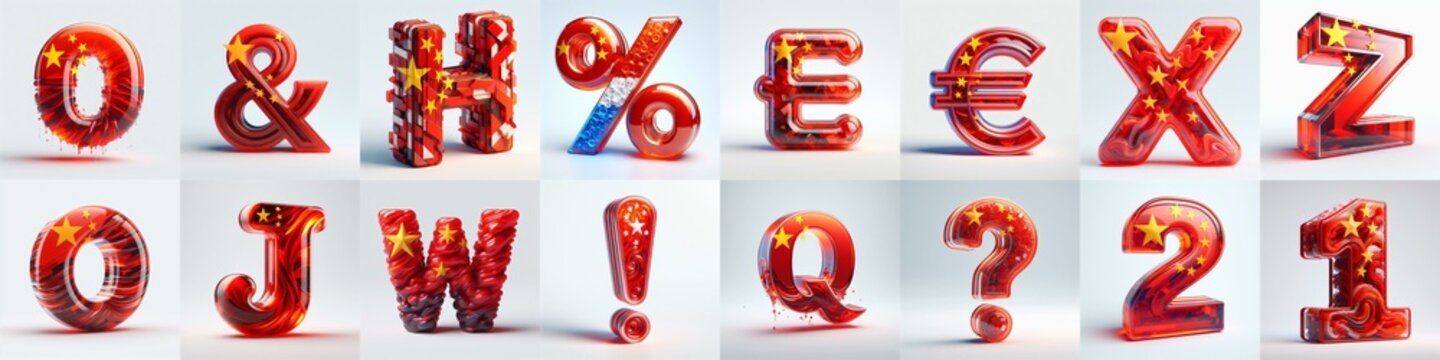 Glass letters shape in colors China flag 3D Lettering Typeface. AI generated illustration