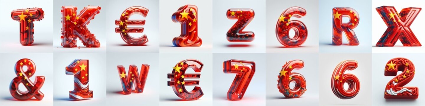 Glass letters shape in colors China flag 3D Lettering Typeface. AI generated illustration