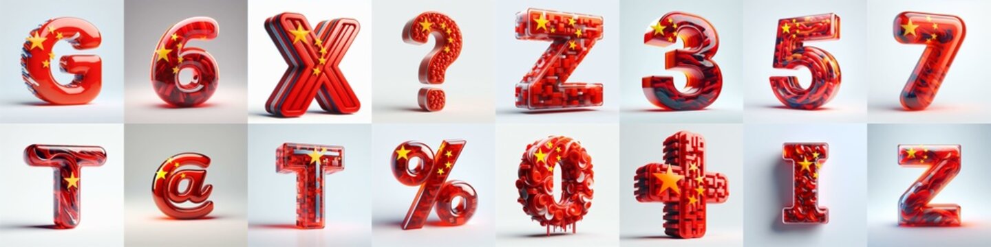 Glass letters shape in colors China flag 3D Lettering Typeface. AI generated illustration