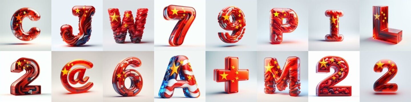 Glass letters shape in colors China flag 3D Lettering Typeface. AI generated illustration