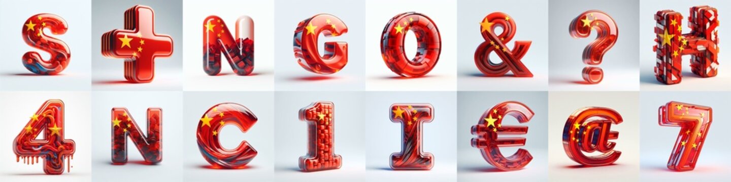 Glass letters shape in colors China flag 3D Lettering Typeface. AI generated illustration