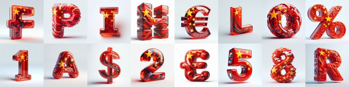 Glass letters shape in colors China flag 3D Lettering Typeface. AI generated illustration